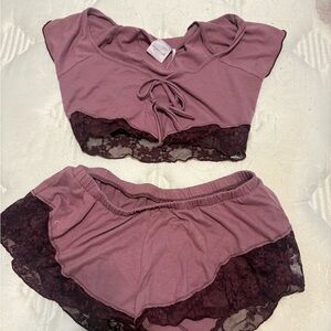 Urban Outfitters Mauve Lace Trim Pajama Set
